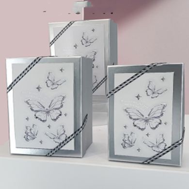 Silver gift boxes with clear window and butterfly sketch pattern, set of 3 pcs, 11036786