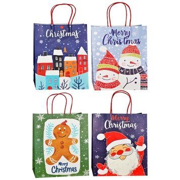 Świąteczna torebka prezentowa kraft kolorowa Merry Christmas (domki, Mikołaj, bałwany, piernik), L 26&times;33&times;12 cm - 8012L