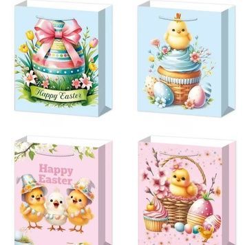 Easter paper gift bag with chicks, painted eggs and baskets, with silver foil, 4 designs, S 18&times;23&times;10 cm - 27012075