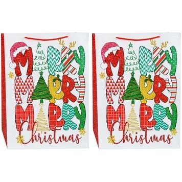 Świąteczna torebka prezentowa biała z Mikołajem i napisami Merry Christmas (brokat), XXL 50&times;72&times;18 cm - 3582XXL