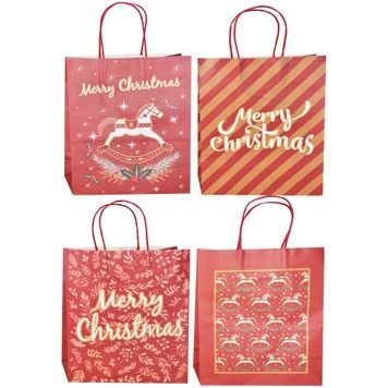 Świąteczna torebka prezentowa kraft czerwona Merry Christmas ze złotym nadrukiem (konik, paski, gałązki, renifery), L 26&times;33&times;12 cm - 9006L