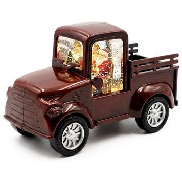 Retro pickup truck lamp, burgundy, with Santa in the cab
