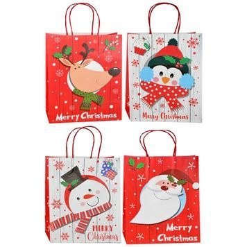 Świąteczna torebka prezentowa kraft biało-czerwona Merry Christmas z bałwanem, reniferem, Mikołajem i pingwinem, M 22&times;27&times;11 cm - 8002M