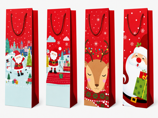 Bottle bag 12&times;36&times;9 cm, red with cartoon Santa and reindeer, cord handles, 9090B