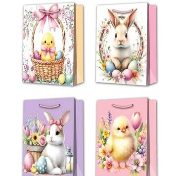 Easter paper gift bag with a chick in a basket and bunnies in flowers, with gold foil, 4 designs, S 18&times;23&times;10 cm - 27012081