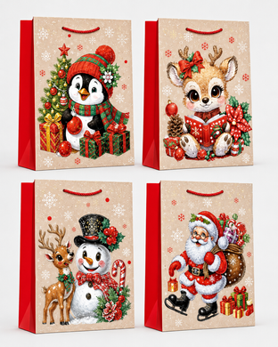 Świąteczna torebka prezentowa kraft z pingwinem, reniferem, bałwanem i Mikołajem (styl vintage), L 40&times;30&times;12 cm - 899L