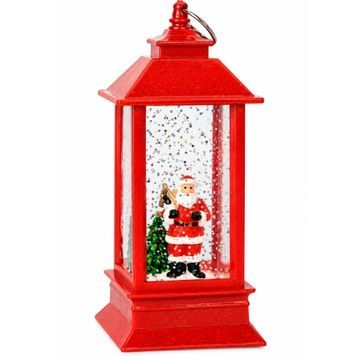 Rectangular lantern lamp, red, with Santa by a tree