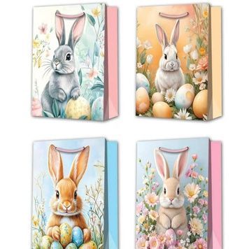 Easter paper gift bag with watercolour bunnies and painted eggs, with silver foil, 4 designs, S 18&times;23&times;10 cm - 27012084
