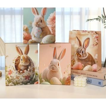 Easter paper gift bag with realistic bunnies, with silver foil, 4 designs, S 18&times;23&times;10 cm - 27012087