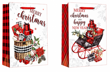 Świąteczna torebka prezentowa biało-czerwona w kratę Merry Christmas z choinkami, czerwonym pickupem i saniami, XXL 50&times;72&times;18 cm - 9068XXL