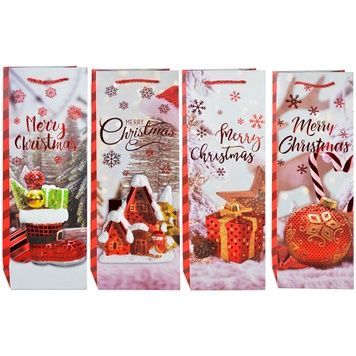 Świąteczna torebka prezentowa na butelkę biało-czerwona w kratę Merry Christmas z choinkami, pickupem i saniami, 12&times;36&times;9 cm - 90680B