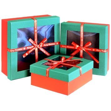 Set of square Christmas gift boxes, with window teal and red, with bow, 3 pcs - 42035366