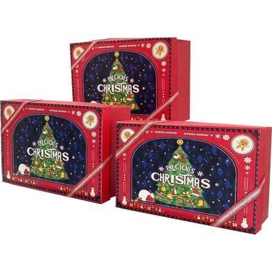 Set of rectangular Christmas gift boxes, red with a Christmas tree, with ribbon, 3 pcs - 11035151