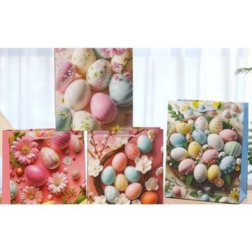 Easter paper gift bag with painted eggs and flowers, with glitter, 4 designs, S 18&times;23&times;10 cm - 27012090