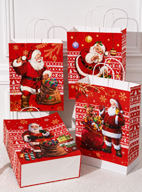 Kraft bag M 22&times;11&times;27 cm, red with Santa and a sack of gifts, cord handles, 1538M