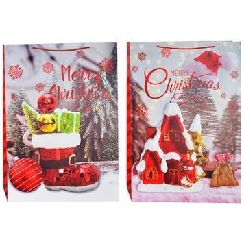 Świąteczna torebka prezentowa biało-czerwona Merry Christmas z ośnieżonym domkiem i butem Mikołaja, XXL 50&times;72&times;18 cm - 9065XXL