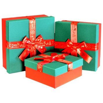 Set of square Christmas gift boxes, teal and red, with bow, 3 pcs - 42035380