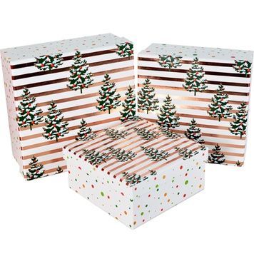 Set of square Christmas gift boxes, white with gold Christmas trees, 3 pcs - 41038912