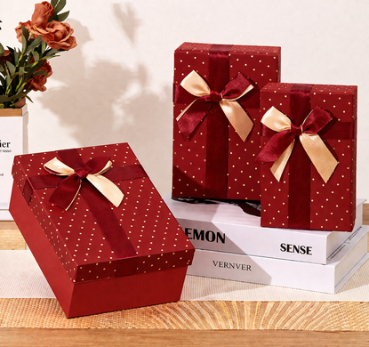 Red gift boxes with gold polka dots and two-tone red and gold ribbon bow, set of 3 pcs, 11030763