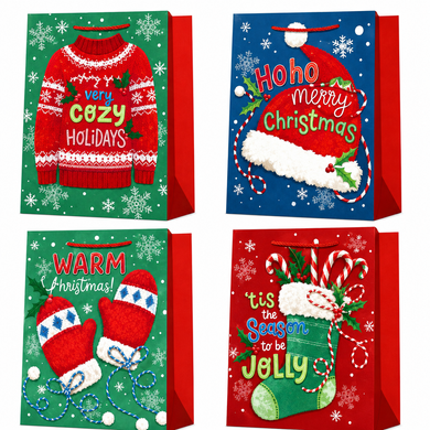 Новогодний подарочный пакет Holly Jolly со свитером, шапкой, носком и рукавичками, M 26&times;32&times;12 см - 5680M