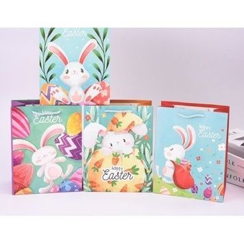 Easter paper gift bag with cartoon bunnies and painted eggs, with glitter, 4 designs, S 18&times;23&times;10 cm - 27012099