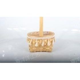 Wood chip woven basket, oval, with tassels, 18&times;14&times;23 cm - 27012053