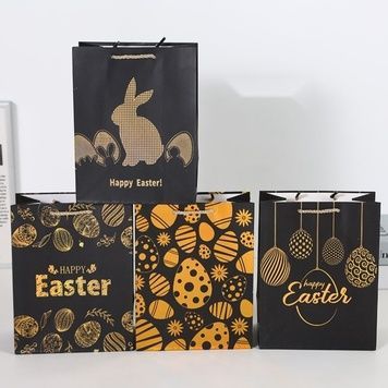 Easter paper gift bag black with gold painted eggs, with gold foil, 4 designs, S 18&times;23&times;10 cm - 27012102