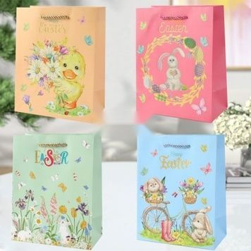 Easter paper gift bag with a duckling, bunnies and flowers, with gold foil, 4 designs, S 18&times;23&times;10 cm - 27012105