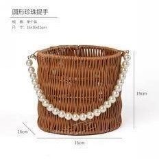 Imitation rattan woven basket, with bunny ears, round, with pearl handle - 27011860