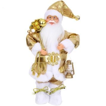 Świąteczna figurka Mikołaj w biało-beżowym futrze, z misiem i tabliczką Merry Christmas, 30 cm - 689001