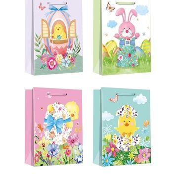 Easter paper gift bag with chicks and bunnies in pastel colours, with glitter, 4 designs, S 18&times;23&times;10 cm - 27012063