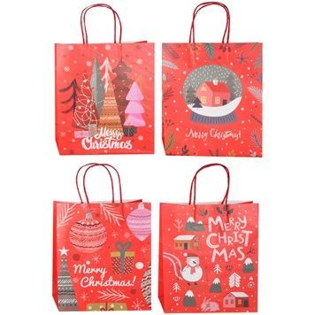 Świąteczna torebka prezentowa kraft czerwona Merry Christmas (śnieżna kula, bombki, choinki), M 22&times;27&times;11 cm - 80008M