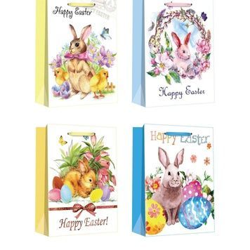 Easter paper gift bag with watercolour bunnies and flowers, with gold foil, 4 designs, S 18&times;23&times;10 cm - 27012066