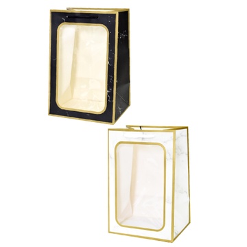 Подарунковий пакет з вікном мраморний с золотим і білим 30*20*16 41060